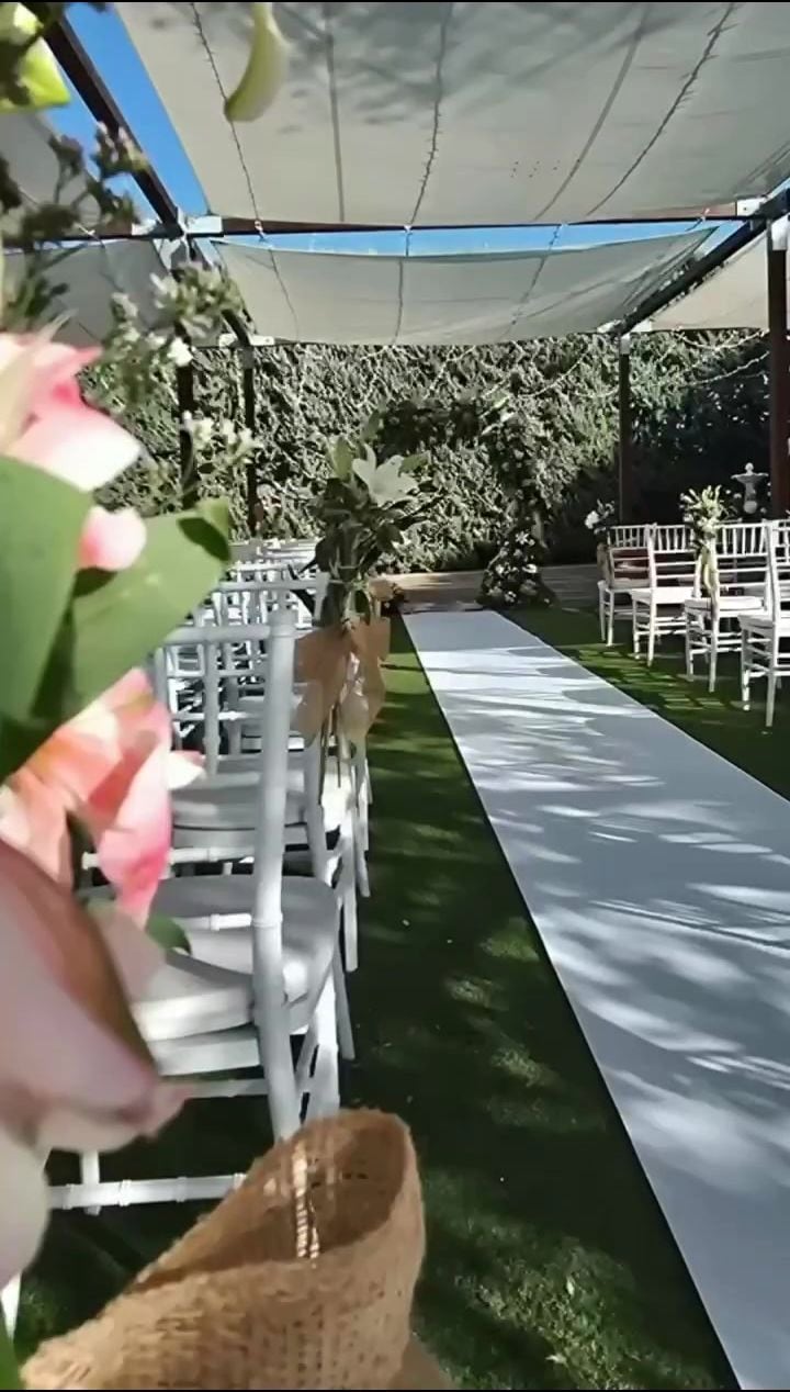 Pasillo de ceremonia al aire libre con alfombra blanca y sillas Tiffany, boda organizada por MAIN Eventos