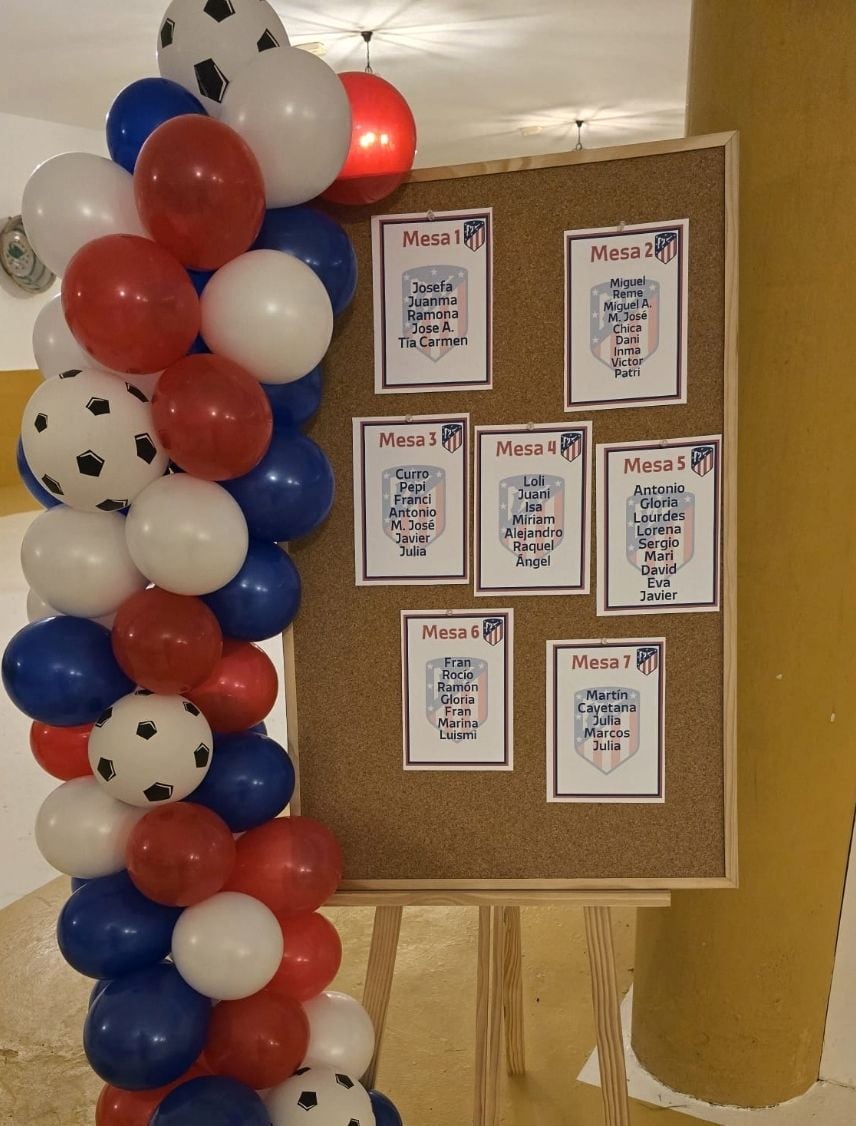 Seating plan de comunión con temática de fútbol y columna de globos
